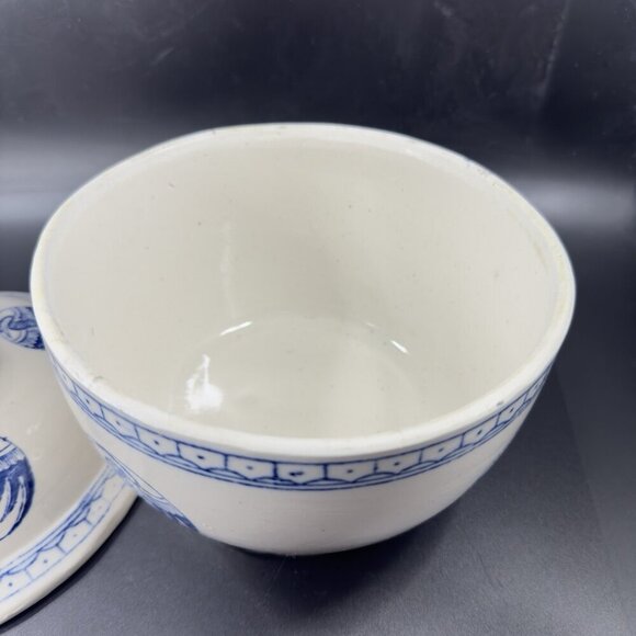 Vintage Japanese Pottery Serving Dish Bowl with Lid Crane Phoenix White Blue VTG - Picture 10 of 15